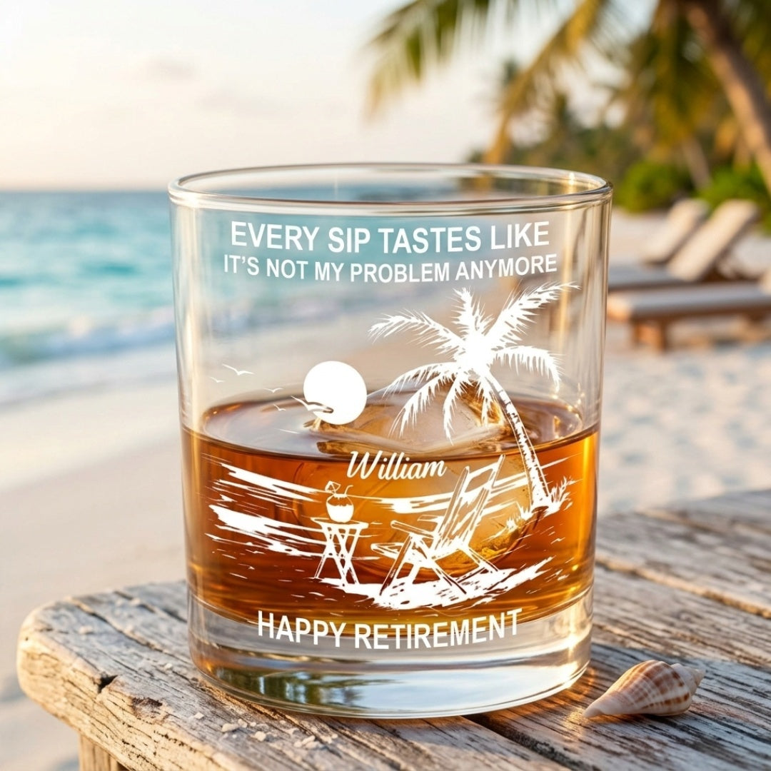 Every Sip Tastes Like Happy Retirement - Personalized Custom Palm Trees And Beach Chair Whiskey Glass