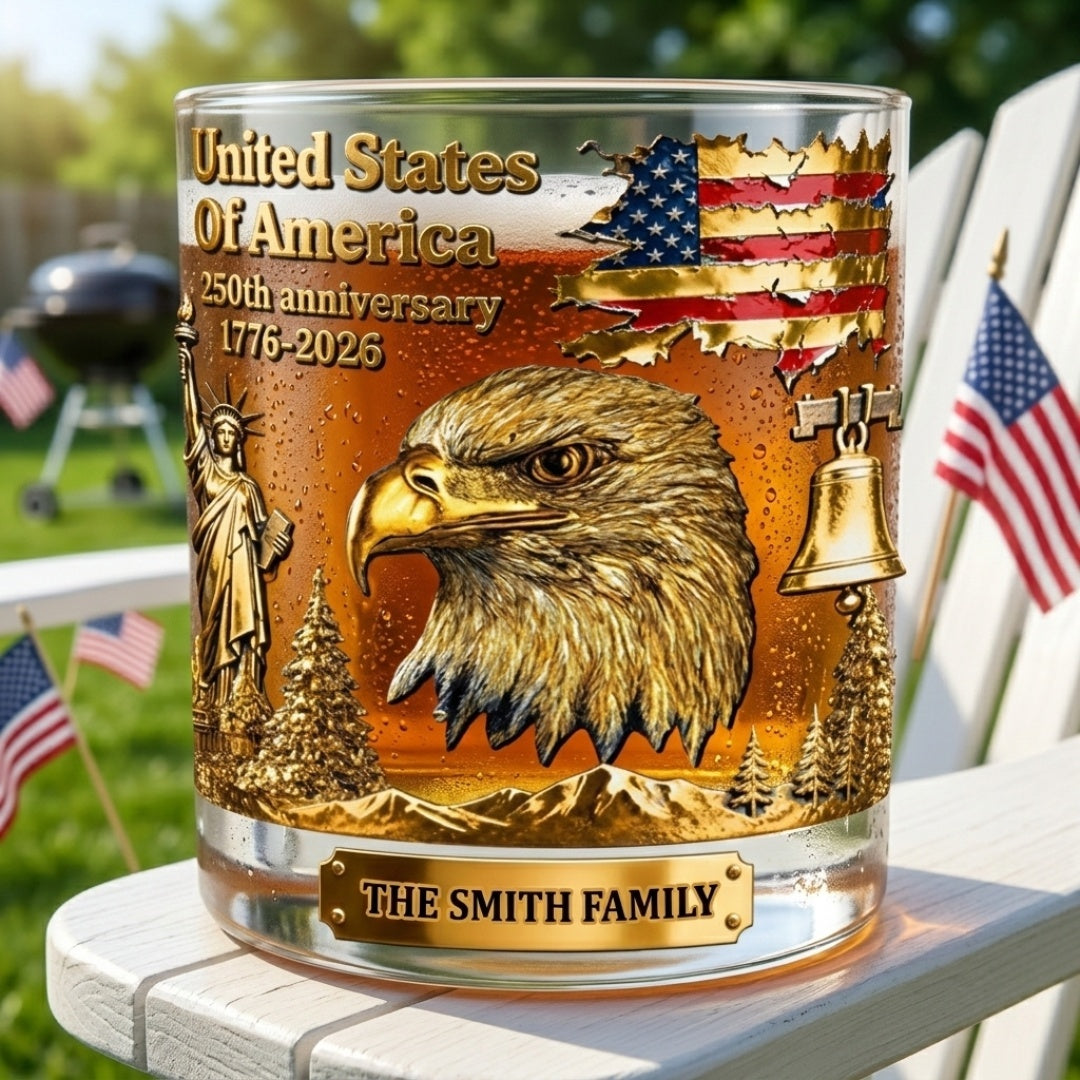 Custom Bald Eagle Whiskey Glass - 250th Anniversary - American Pride Gift