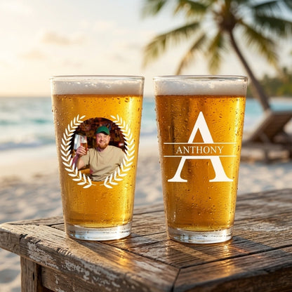 Custom Photo & Monogram Beer Glass - Personalized Gift for Dad, Grandpa & Husband