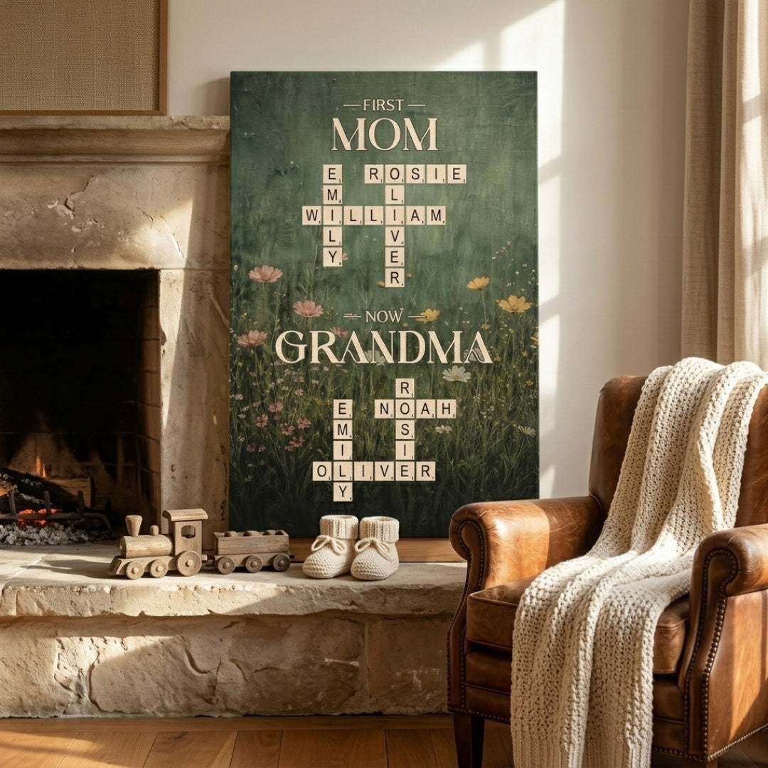 Personalised First Mom Now Grandma Crossword Canvas / Poster - Custom Grandma Gifts