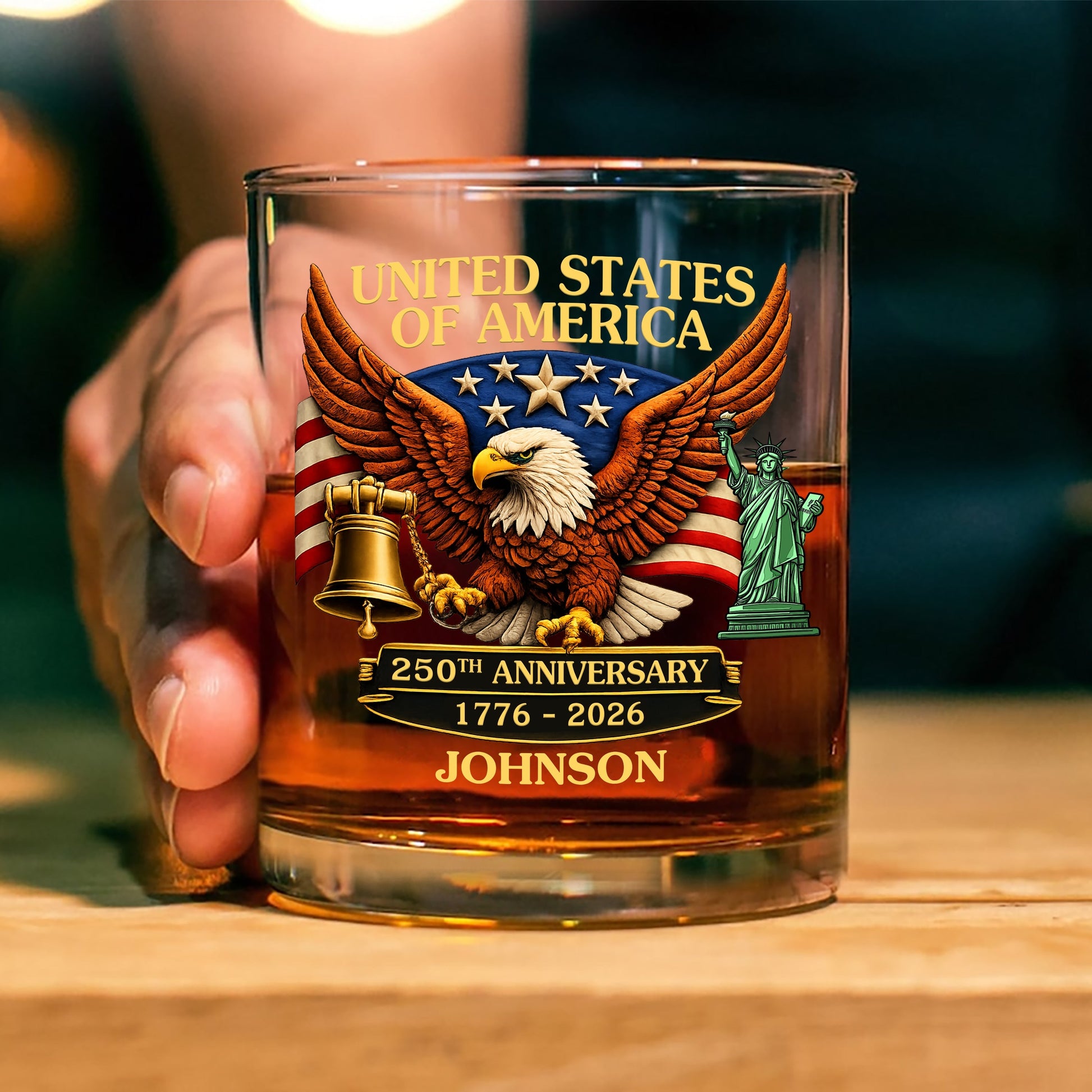 United State Of America 250th Anniversary - Personalized Whiskey Glass - Custom Name