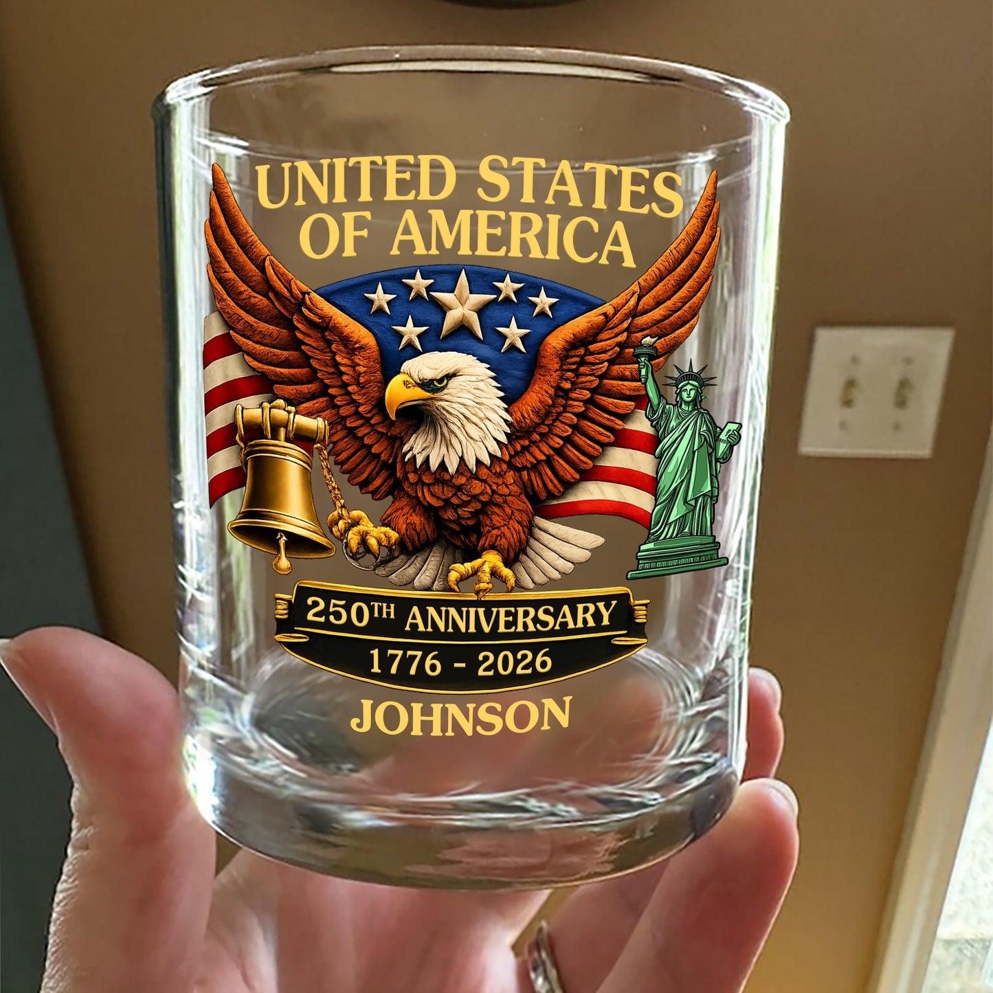 United State Of America 250th Anniversary - Personalized Whiskey Glass - Custom Name