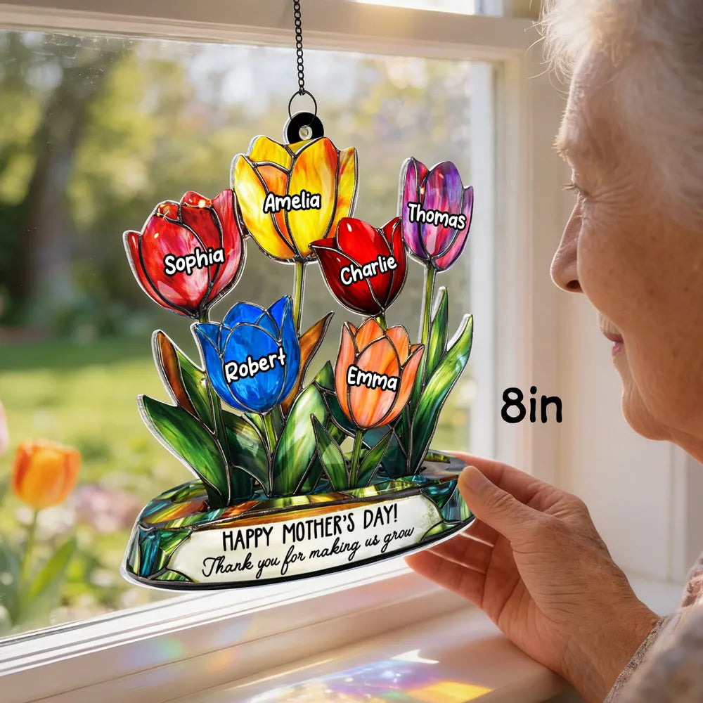 Thank You for Helping Us Grow Tulip Flowers - Personalized Window Hanging Suncatcher Ornament - Mother's Day Gift for Grandma, Mom