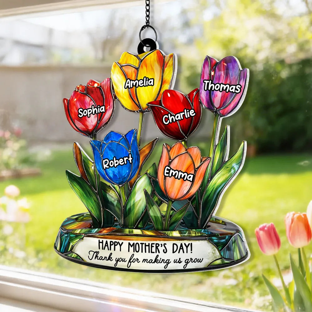 Thank You for Helping Us Grow Tulip Flowers - Personalized Window Hanging Suncatcher Ornament - Mother's Day Gift for Grandma, Mom