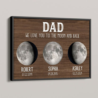 “We Love You To The Moon And Back” Custom Moon Phase Canvas / Poster - Personalized Gift for Dad