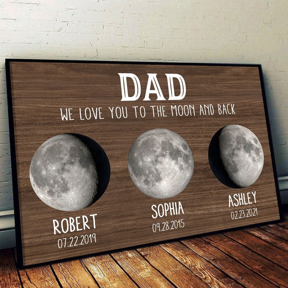 “We Love You To The Moon And Back” Custom Moon Phase Canvas / Poster - Personalized Gift for Dad