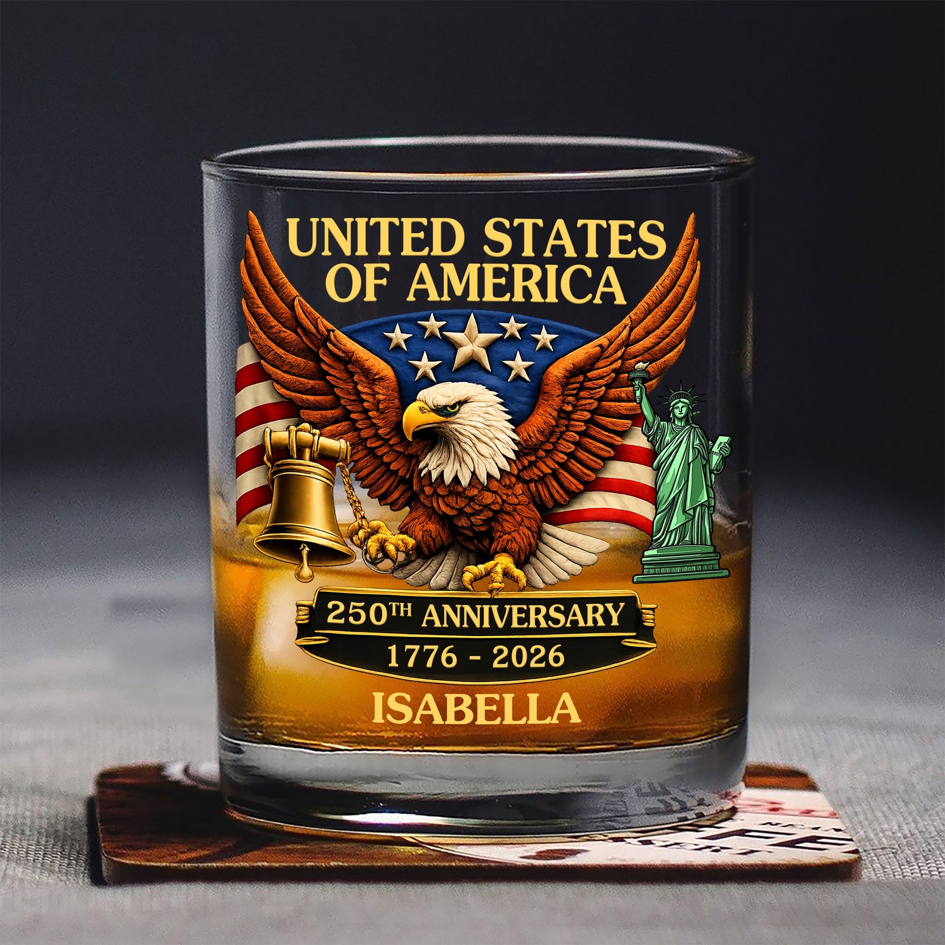United State Of America 250th Anniversary - Personalized Whiskey Glass - Custom Name