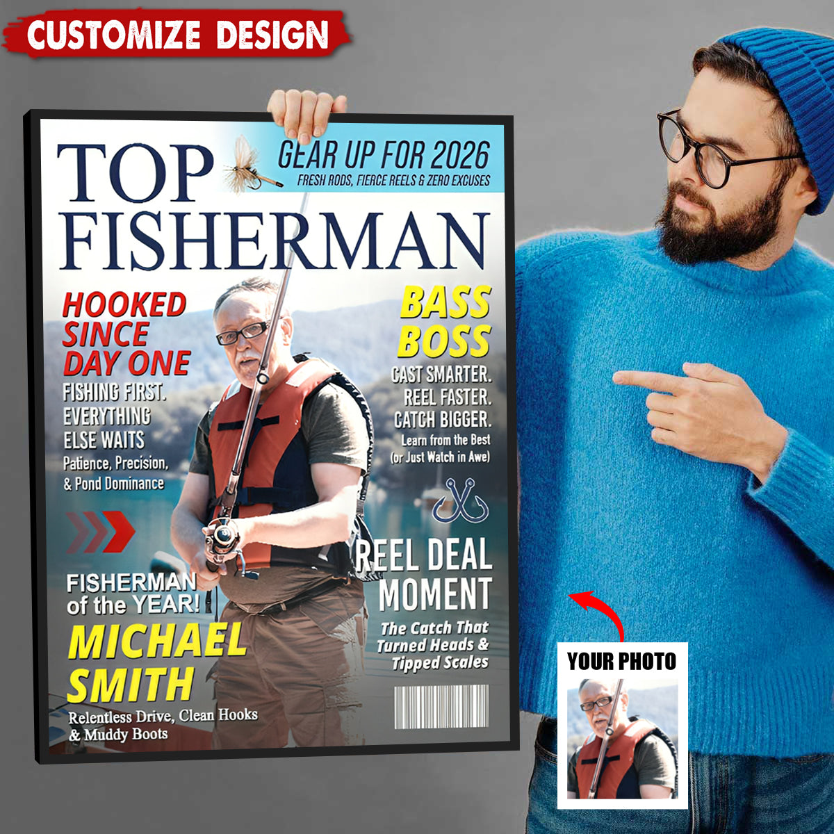 Personalized Fishing Magazine Cover Poster / Canvas - Custom Photo Gift for Angler, Fisherman, Fishing Lover