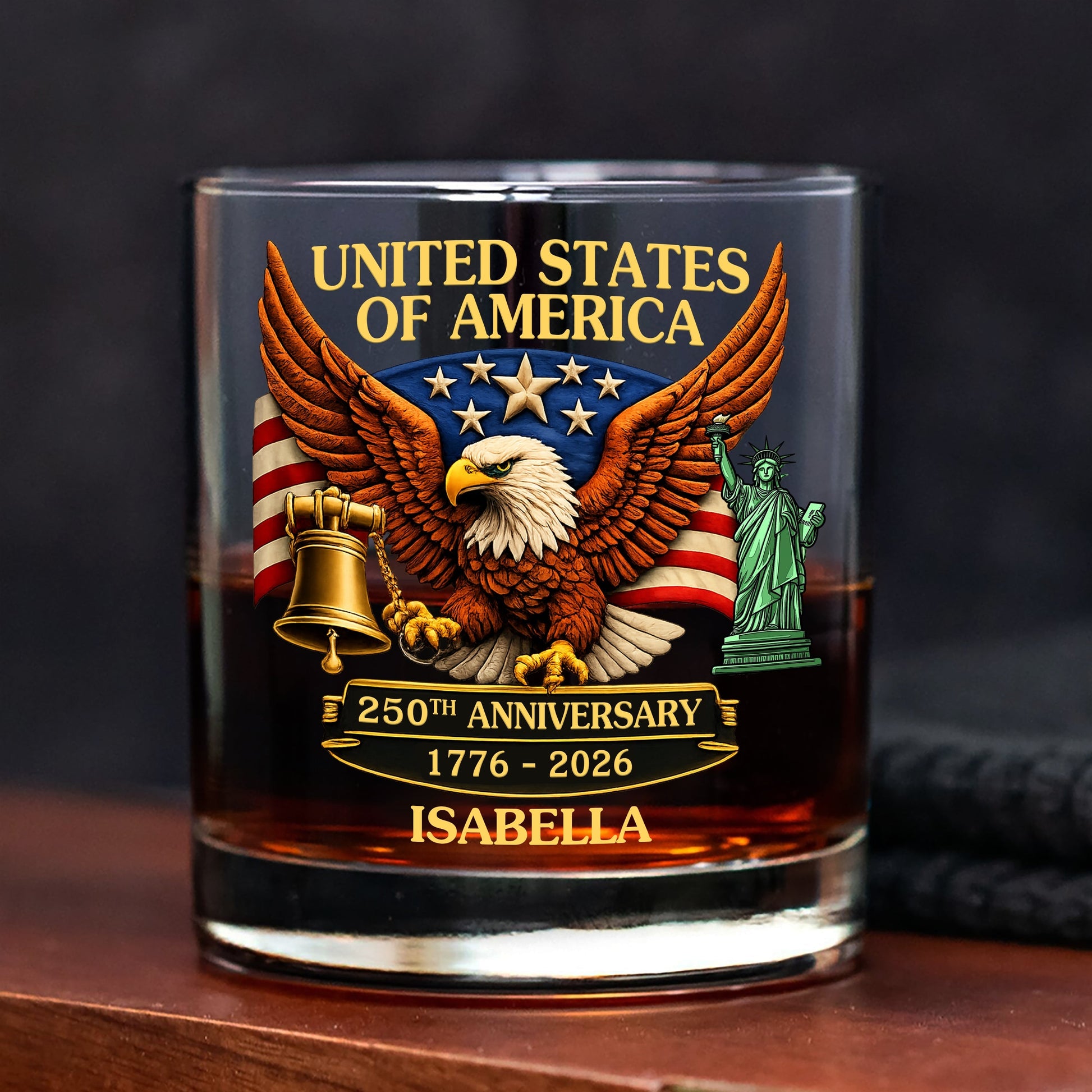 United State Of America 250th Anniversary - Personalized Whiskey Glass - Custom Name