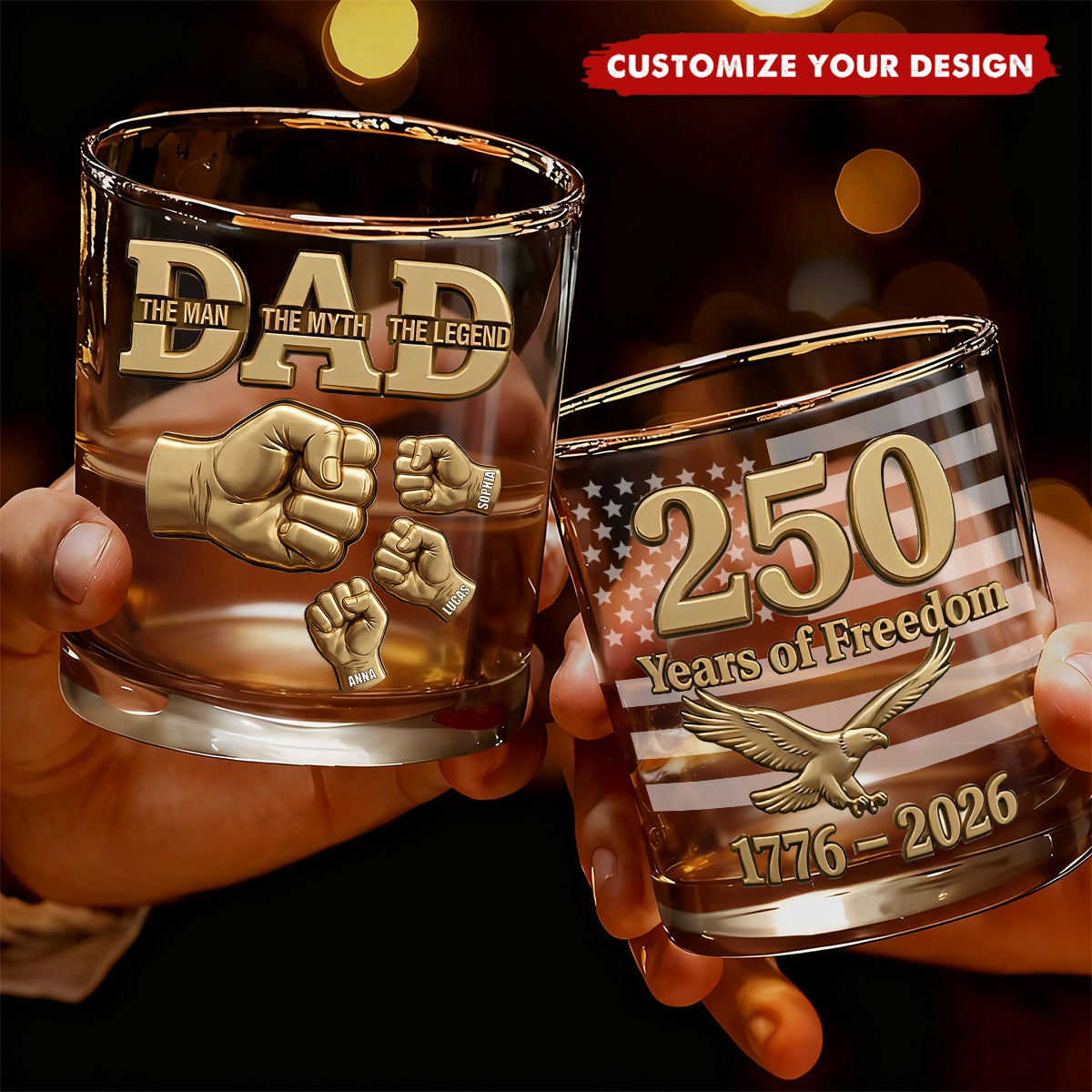 USA 250th Anniversary - Personalized Whiskey Glass Gift for Dad