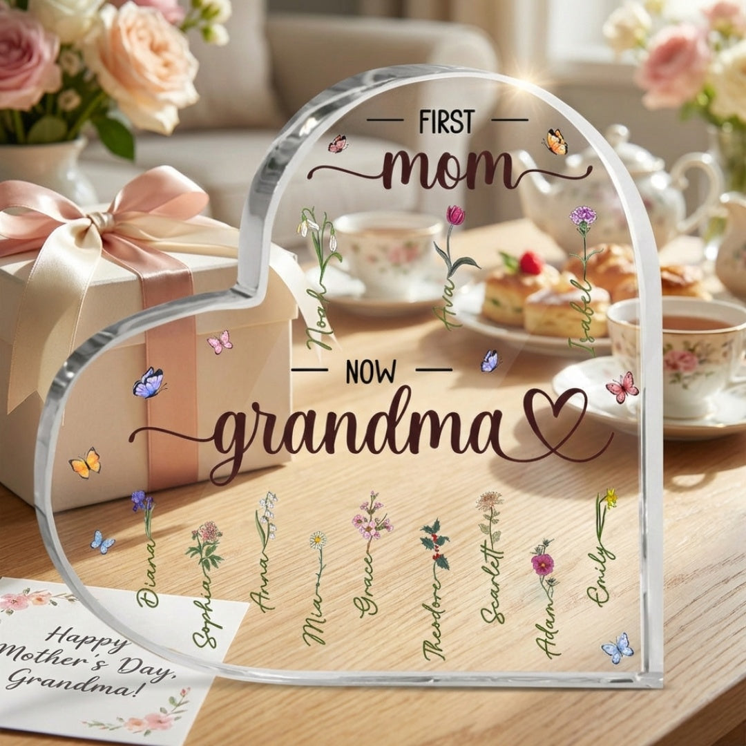 Personalized 'First Mom Now Grandma' Acrylic Heart Plaque with Grandchildren's Names