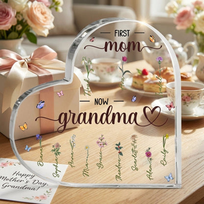Personalized 'First Mom Now Grandma' Acrylic Heart Plaque with Grandchildren's Names