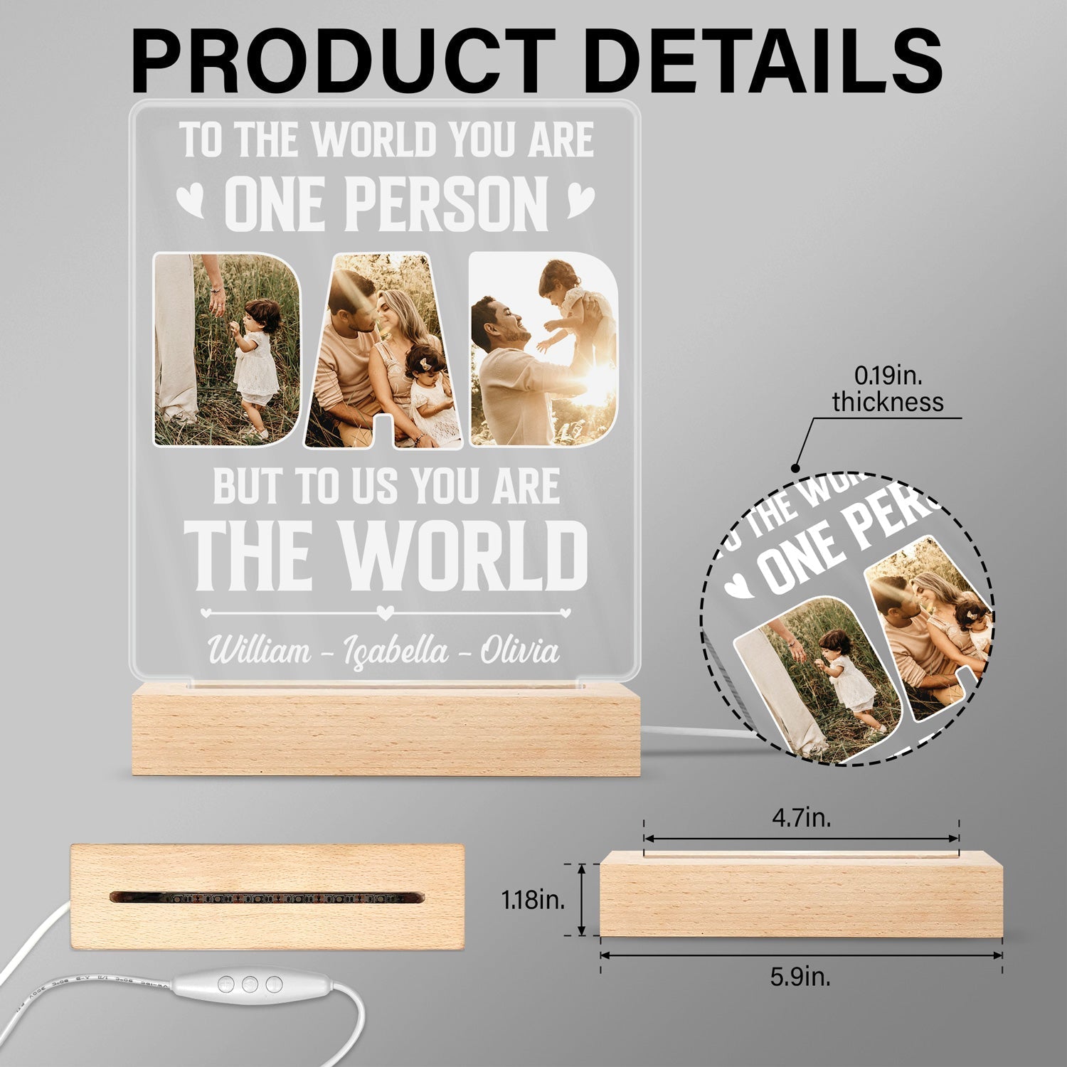 Personalized Photo Dad 3D LED Night Light - 'You Are The World' Father's Day Gift