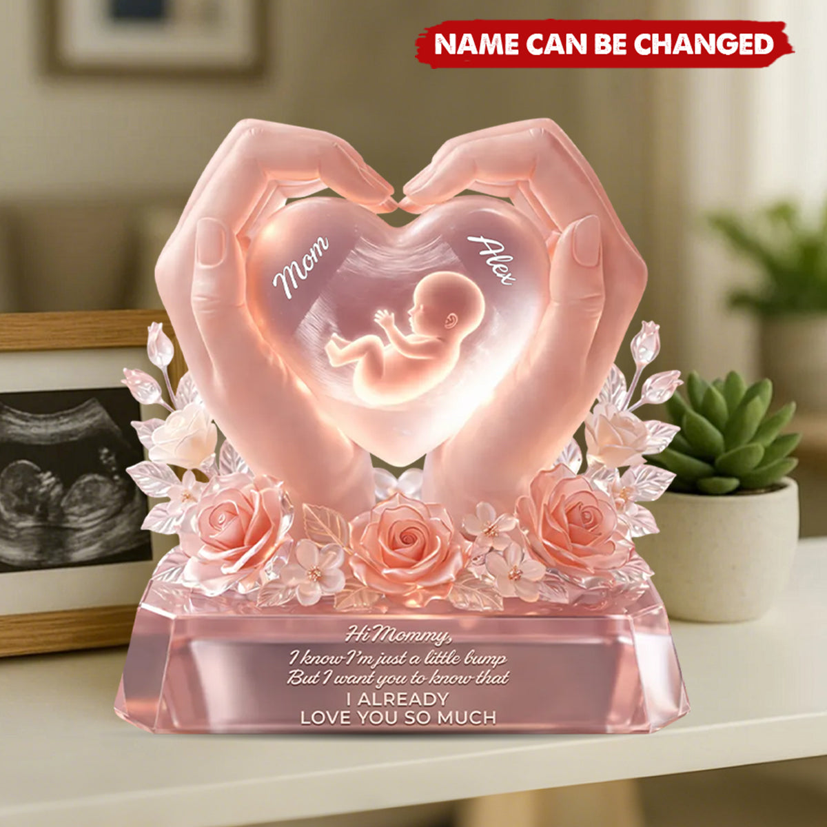 “Baby Bump Love” Personalized Shaped Acrylic Block Plaque - Gift for Mom to Be