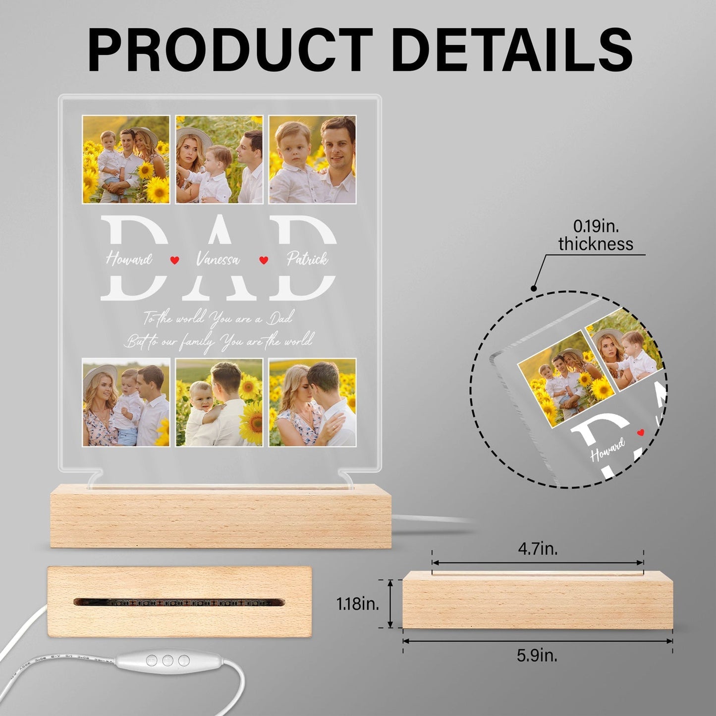 Custom Photo 3D LED Light for Dad - 'You Are The World' Keepsake Gift