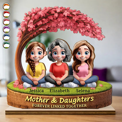 Gift For Mother,Mom - Daughters (Adult),Happy - Mother Daughter Under The Tree Forever Linked Together - Personalized Custom Shaped 2-Layered Wooden Plaque