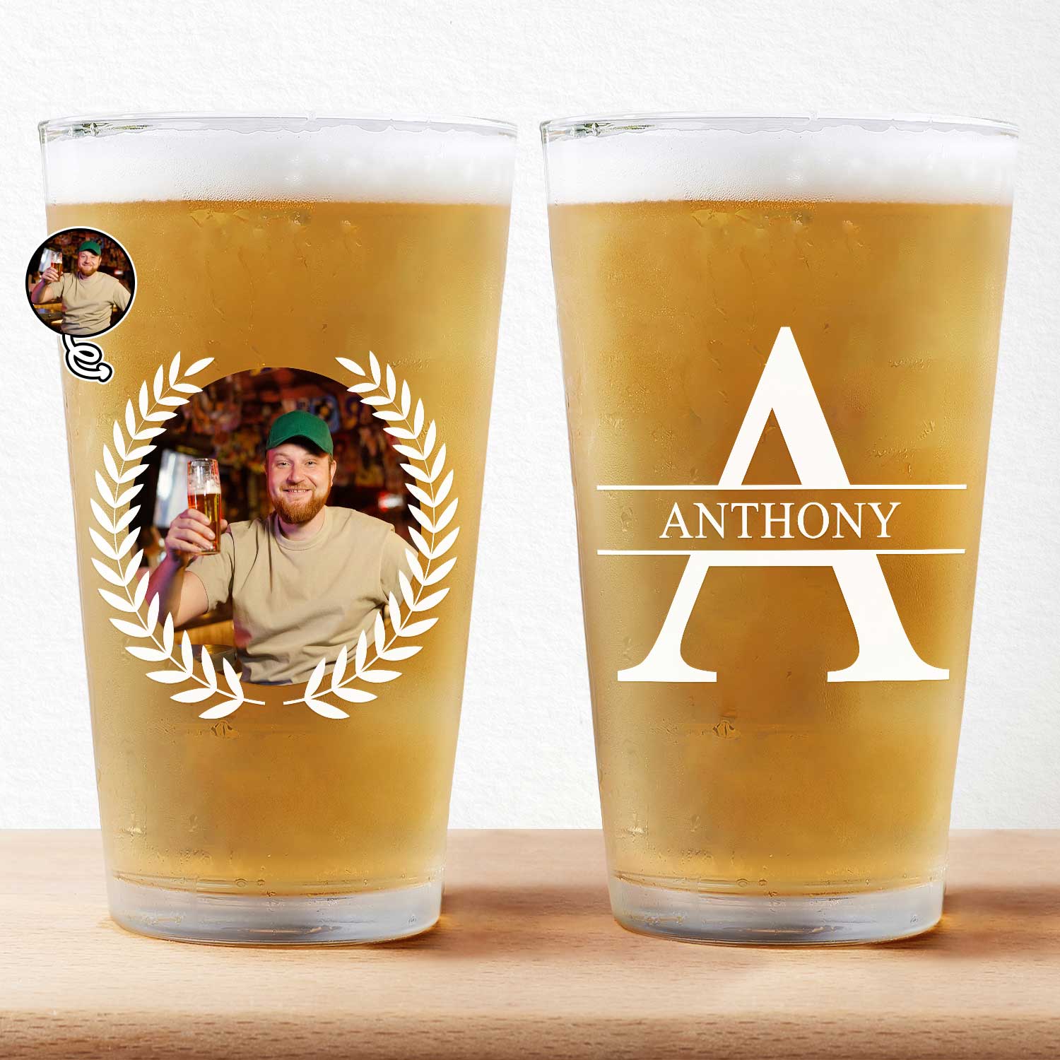 Custom Photo & Monogram Beer Glass - Personalized Gift for Dad, Grandpa & Husband