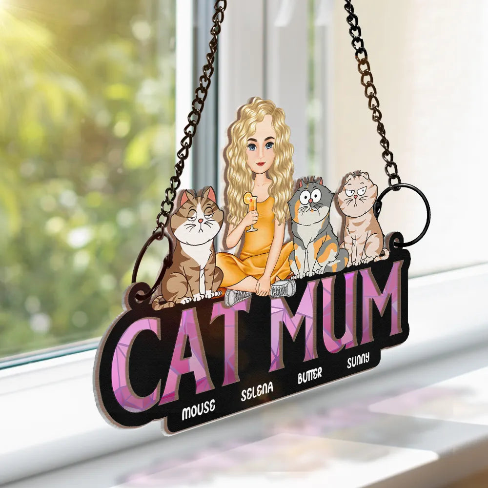 Personalized 'CAT MOM' Suncatcher Ornament with Custom Pet Names & Colors