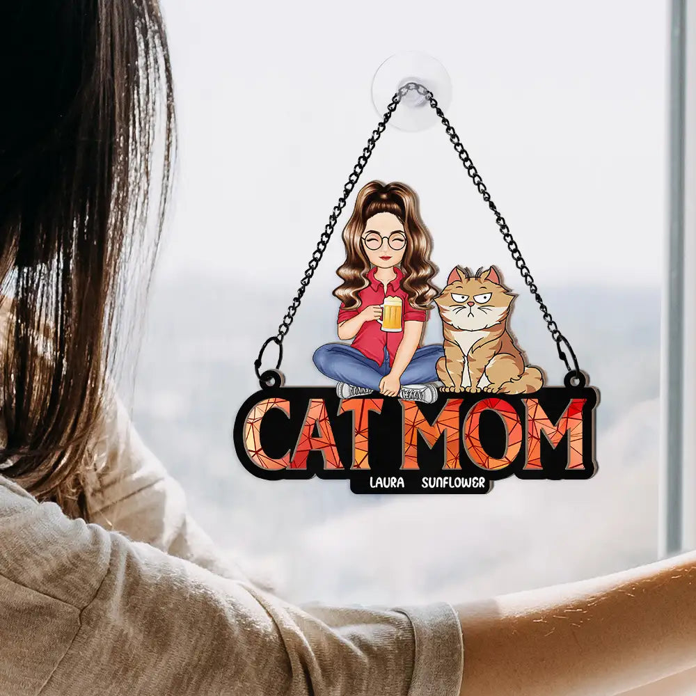 Personalized 'CAT MOM' Suncatcher Ornament with Custom Pet Names & Colors