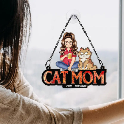 Personalized 'CAT MOM' Suncatcher Ornament with Custom Pet Names & Colors