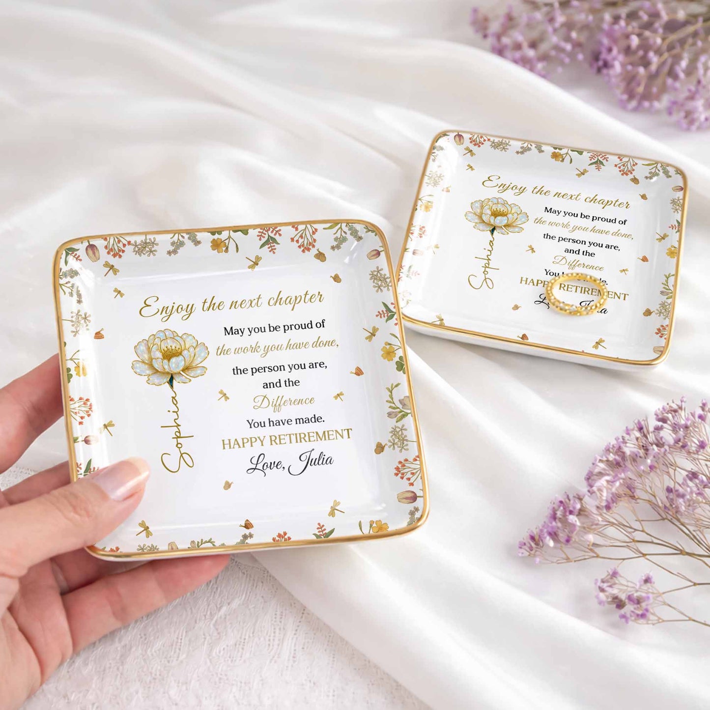 Enjoy The Next Chapter Happy Retirement Floral Jewelry Dish