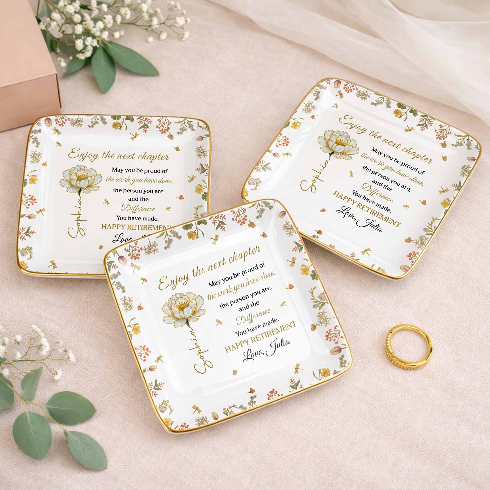 Enjoy The Next Chapter Happy Retirement Floral Jewelry Dish