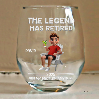 The Legend Has Retired Not My Problem Anymore - Personalized Cartoon Stemless Wine Glass