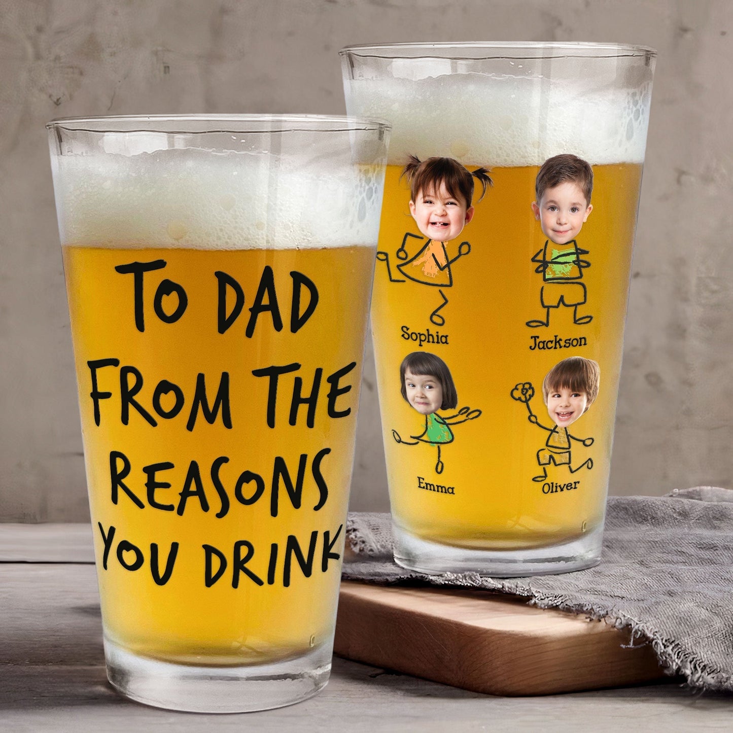 “To Dad From The Reasons You Drink” - Personalized Custom Photo Beer Glass