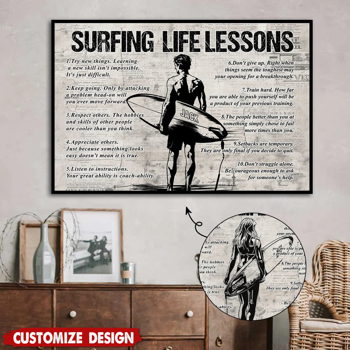 Personalized Surfing Life Lessons Poster / Canvas - Gift For Surfing Lovers