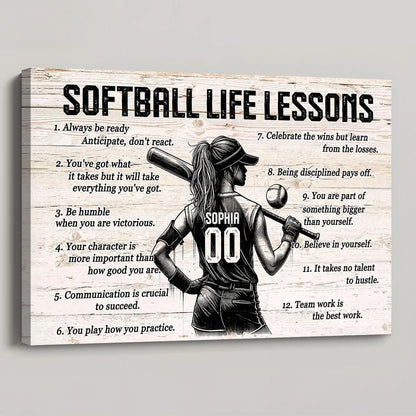 Personalized Custom Softball Life Lessons Canvas / Poster - Custom Motivational Softball Gift For Women Softball Players