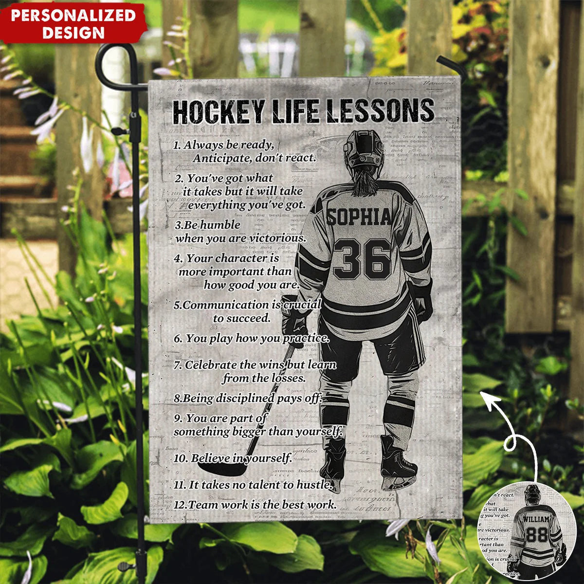 Personalized hockey garden flag featuring 12 life lessons and a custom player jersey design for ice hockey lovers