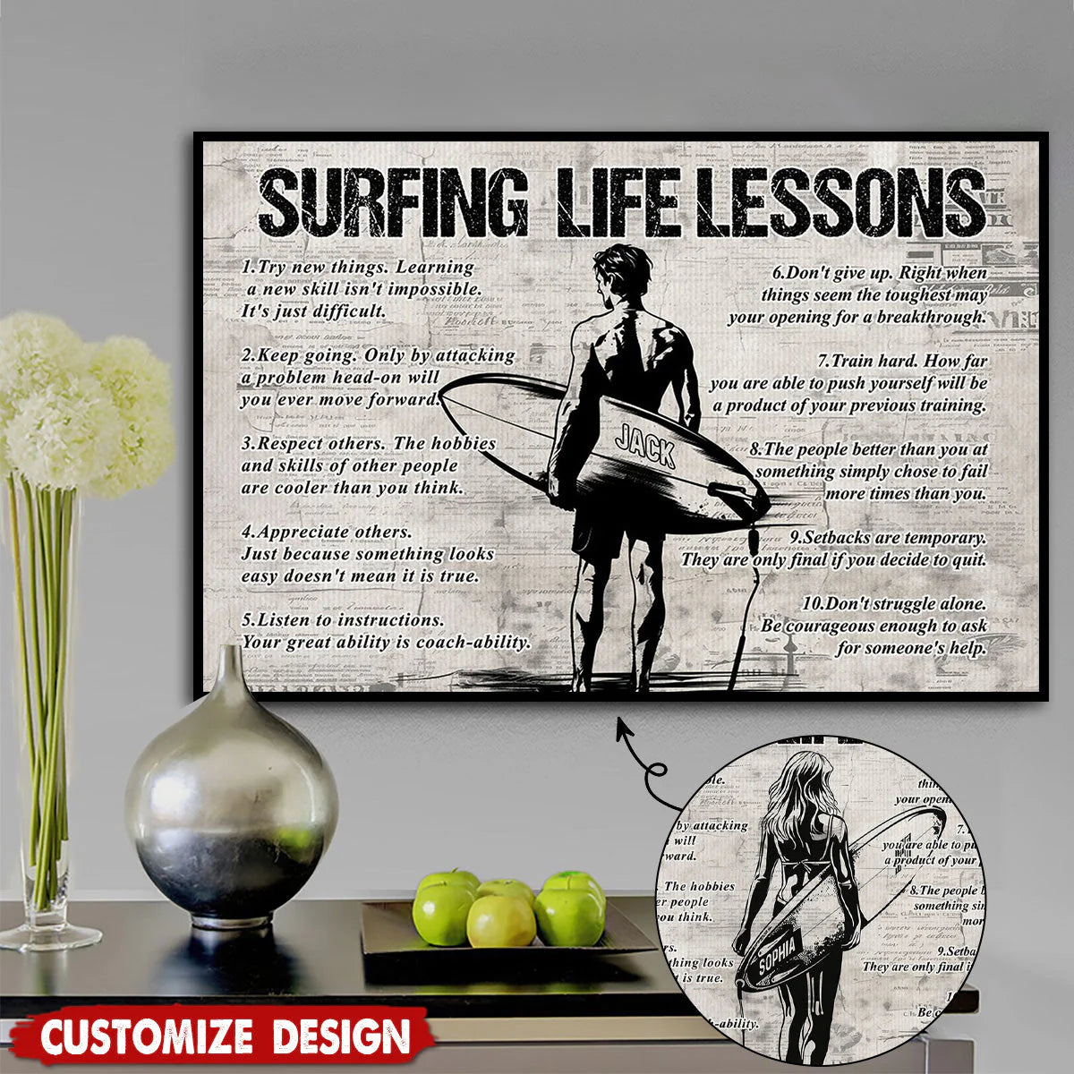 Personalized Surfing Life Lessons Poster / Canvas - Gift For Surfing Lovers